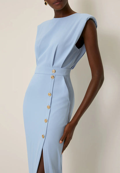 Light Blue Buckle Classic Crew Neck Sleeveless Sheath Midi Dress