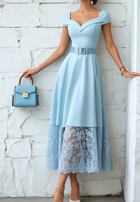 Light Blue Lace Classic V Neck Short Sleeve A-Line Midi Dress