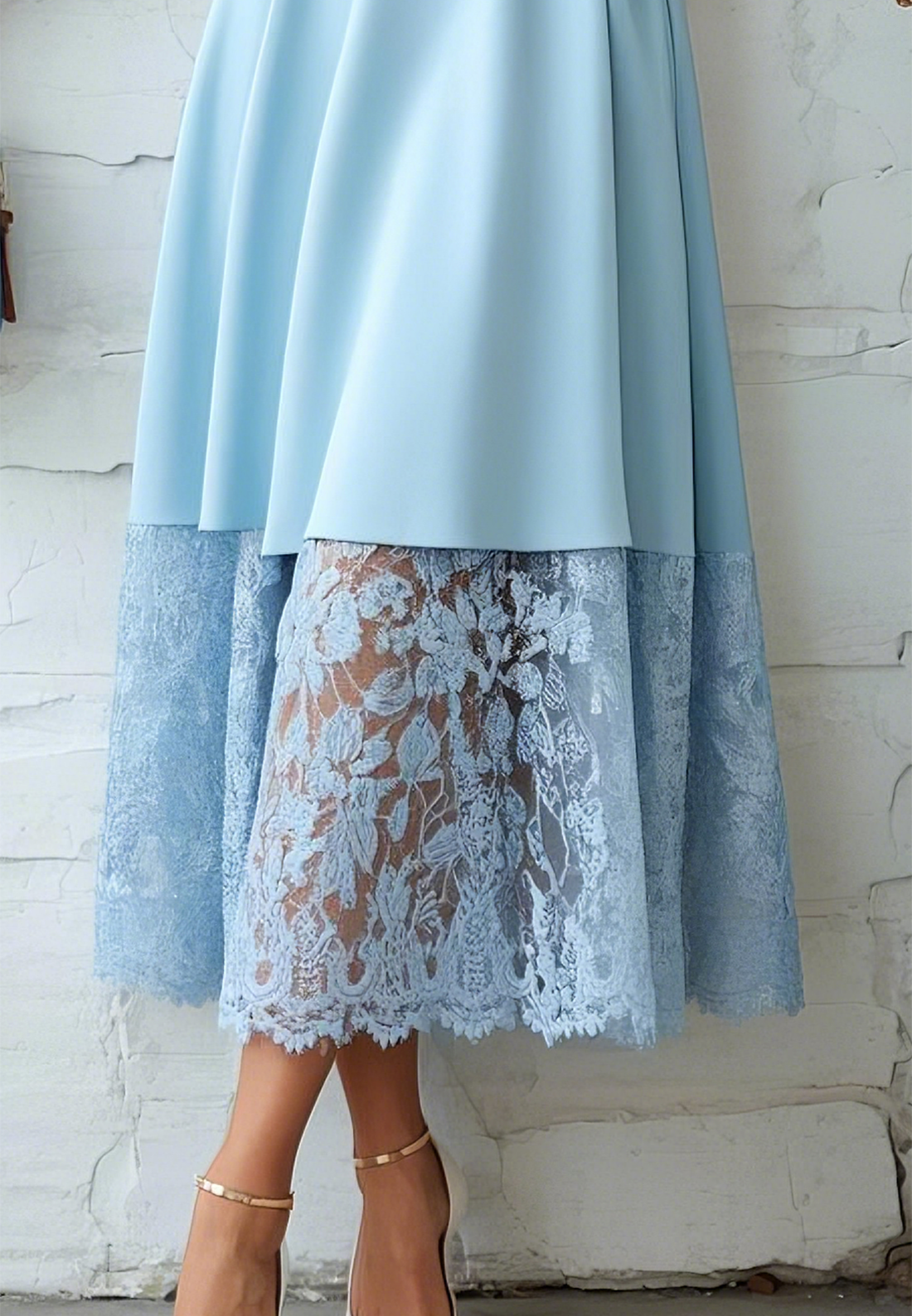 Light Blue Lace Classic V Neck Short Sleeve A-Line Midi Dress
