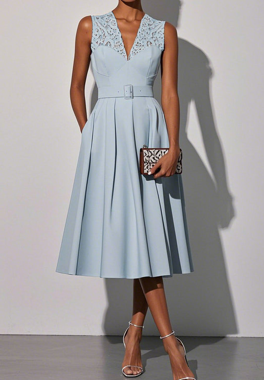Light Blue Lace V Neck Sleeveless A-Line Midi Dress