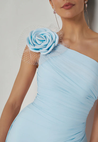 Light Blue Removable 3D Floral Ruched Chiffon One Shoulder Sleeveless Sheath Gown Dress