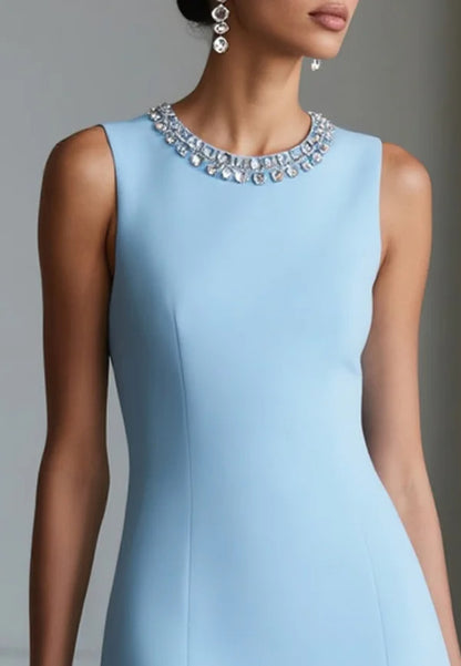 Light Blue Rhinestone Classic Crew Neck Sleeveless A-Line Midi Dress