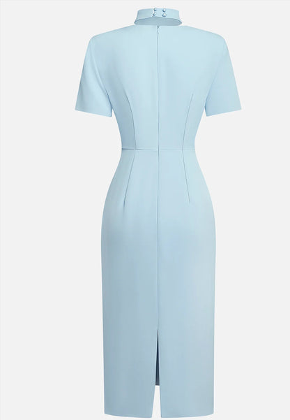 Light Blue Rhinestone Classic Square Neck Short Sleeve Sheath Midi Dress