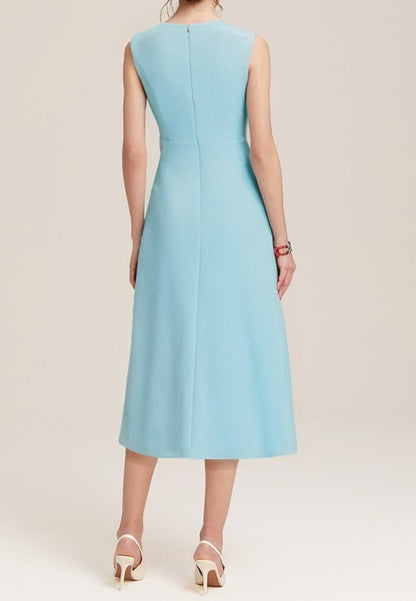Light Blue Sleeveless Midi Elegant A-line Dress with Waist Twist for Day-to-Night