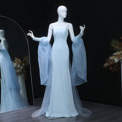 Dreamy Light Blue Satin with Sheer Cape Sleeves Evening Dress