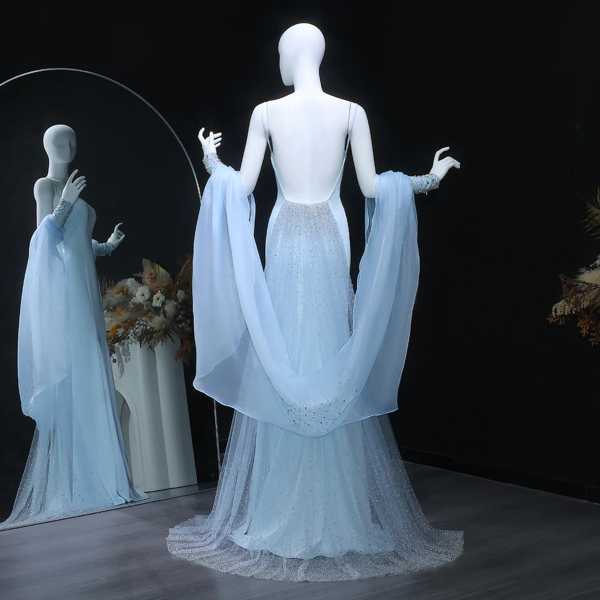 Dreamy Light Blue Satin with Sheer Cape Sleeves Evening Dress