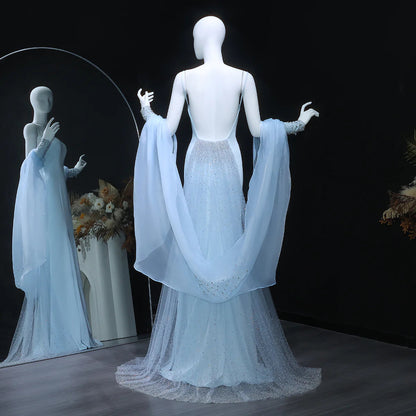 Dreamy Light Blue Satin with Sheer Cape Sleeves Evening Dress
