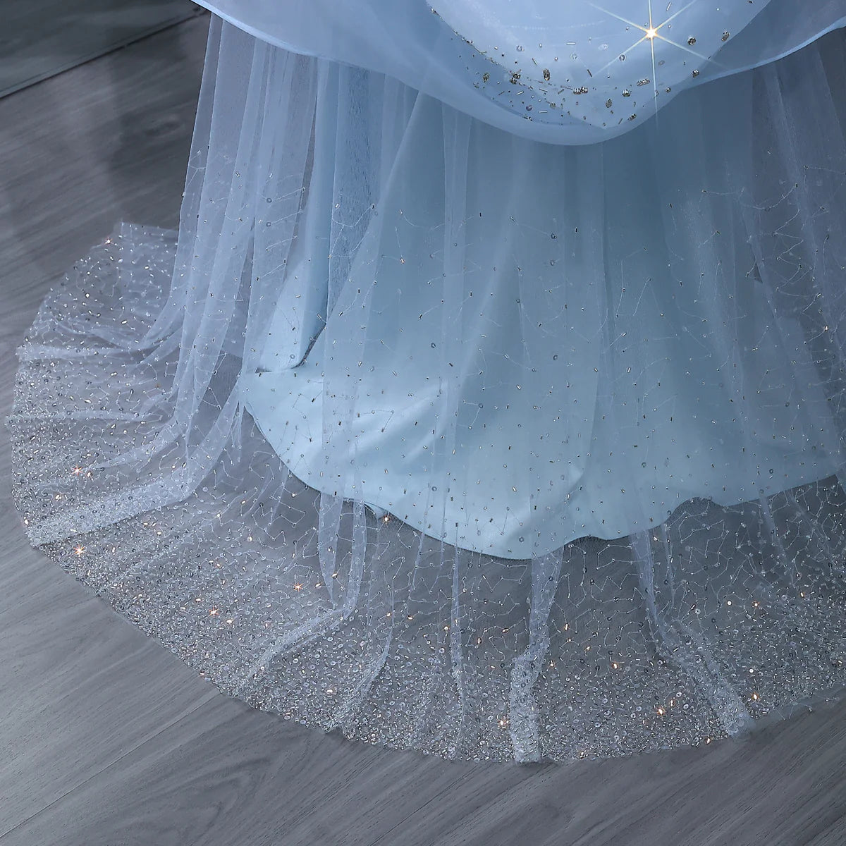 Dreamy Light Blue Satin with Sheer Cape Sleeves Evening Dress