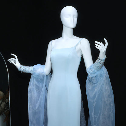 Dreamy Light Blue Satin with Sheer Cape Sleeves Evening Dress
