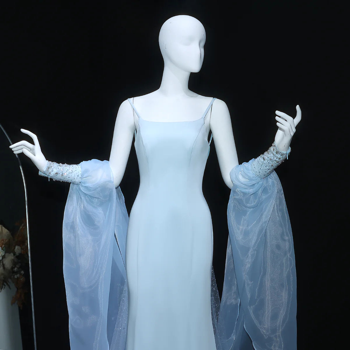 Dreamy Light Blue Satin with Sheer Cape Sleeves Evening Dress