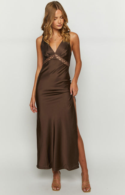 V-Neck Sleeveless Chocolate Maxi Prom Dress