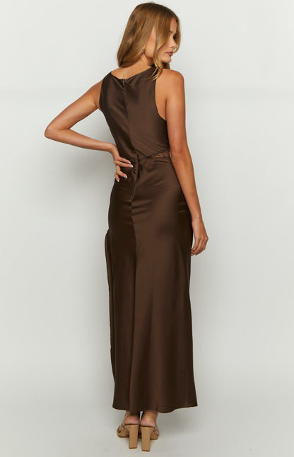 V-Neck Sleeveless Chocolate Maxi Prom Dress