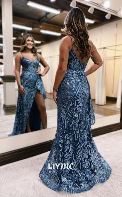 LP1044 - Spaghetti Straps V Neck Sequins Mermaid Formal Prom Dress with Slit