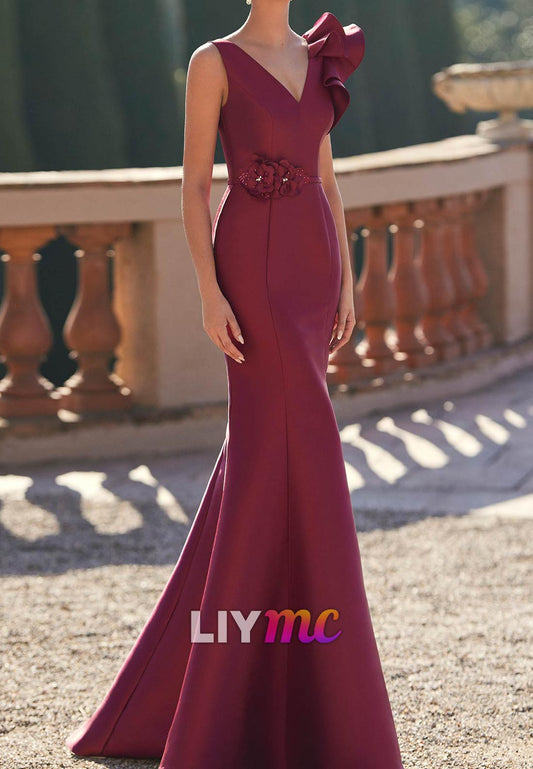 V-Neck Sleveeless Ruffled Mermaid Evening Dress