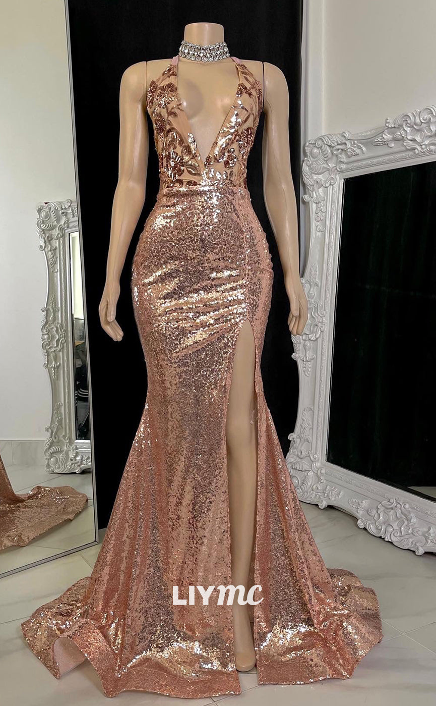 LP1406 - Low V-Neck Sleeveless Aqqliques Sequins Lace-Up Mermaid Prom Dress for Black Girls