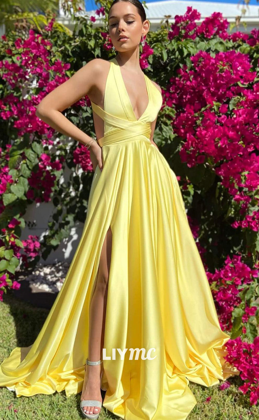 LP1992 - Low V-Neck Sleeveless Pleated Sayin Lace-Up A-Line Prom Dress