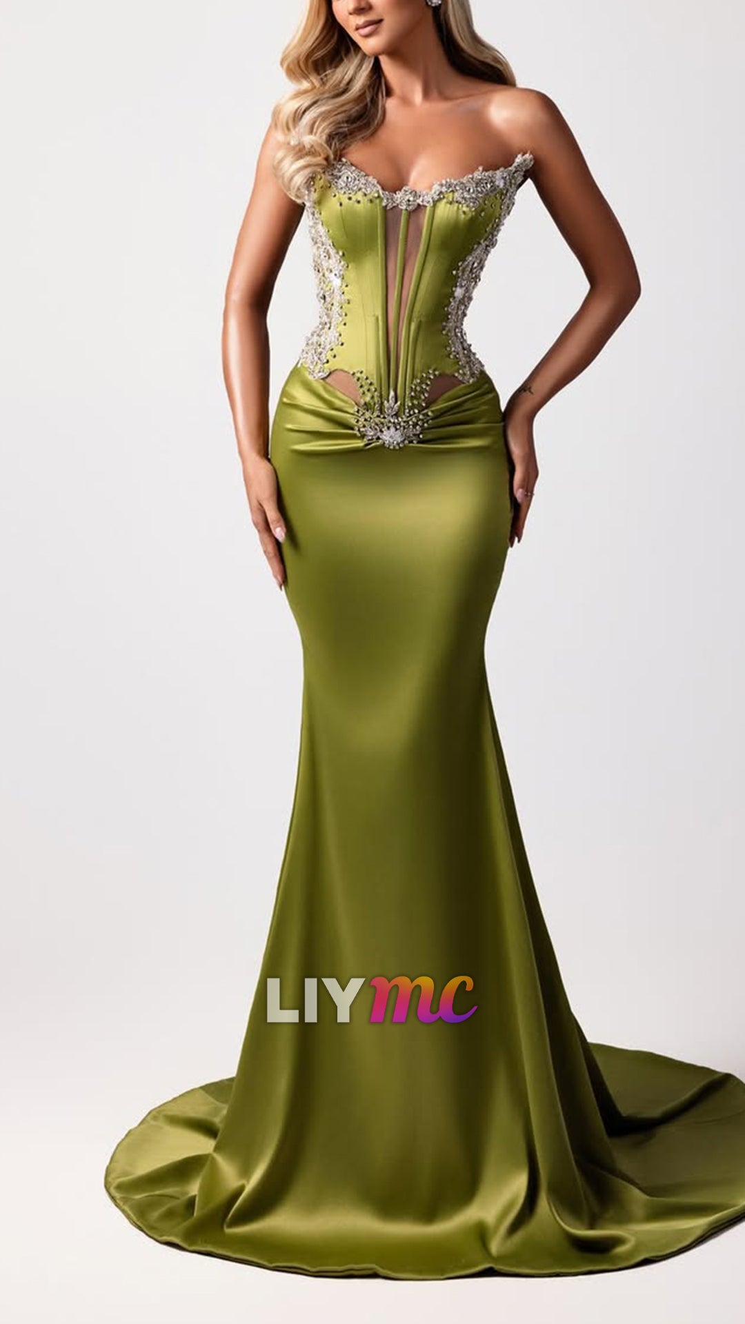Luxurious Green Straight Across Beaded Sleeveless Mermaid Pleated Prom Dress