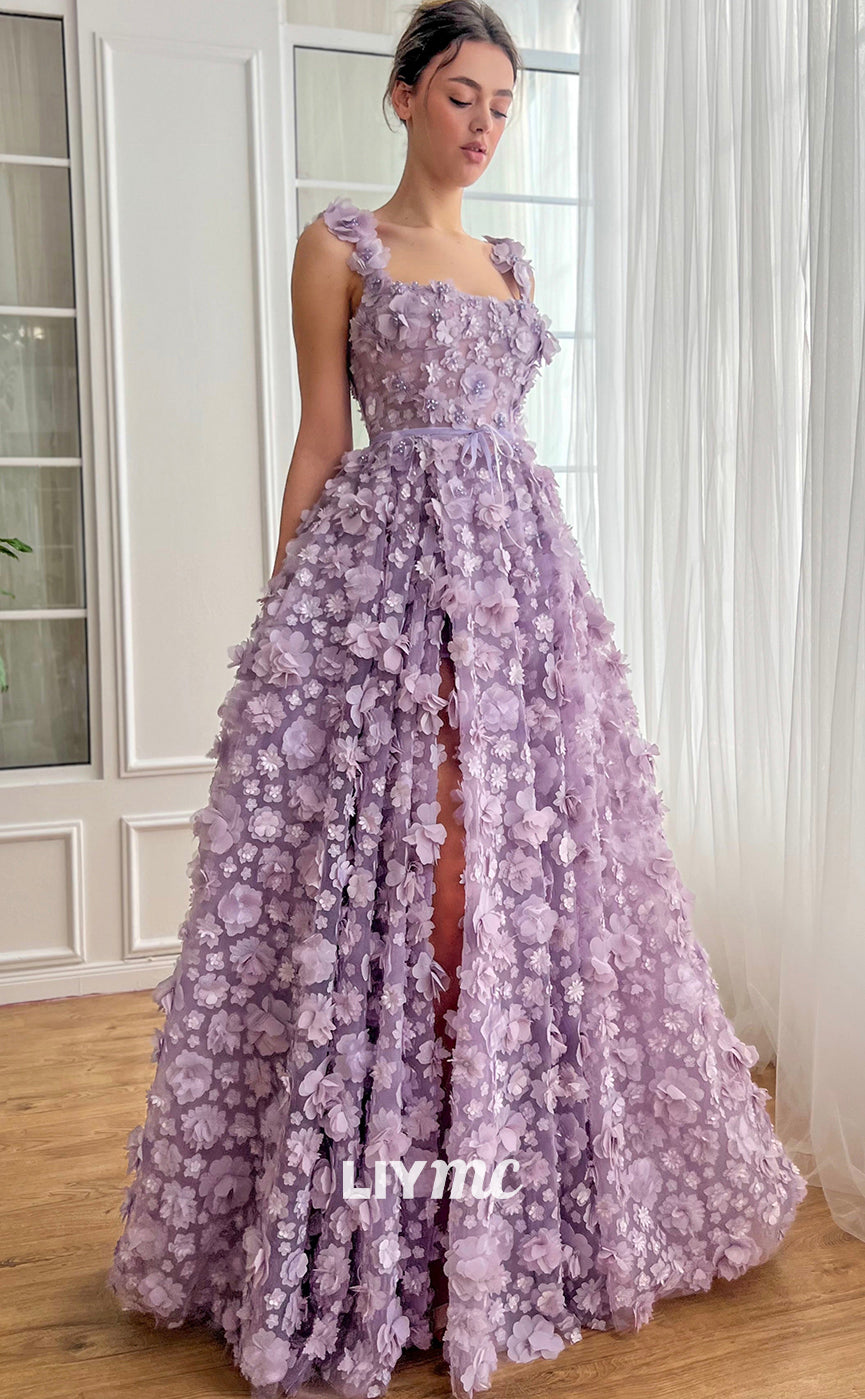 LP1285 - Luxurious Straight Across Tiered Floral Embellished Long Prom Dress