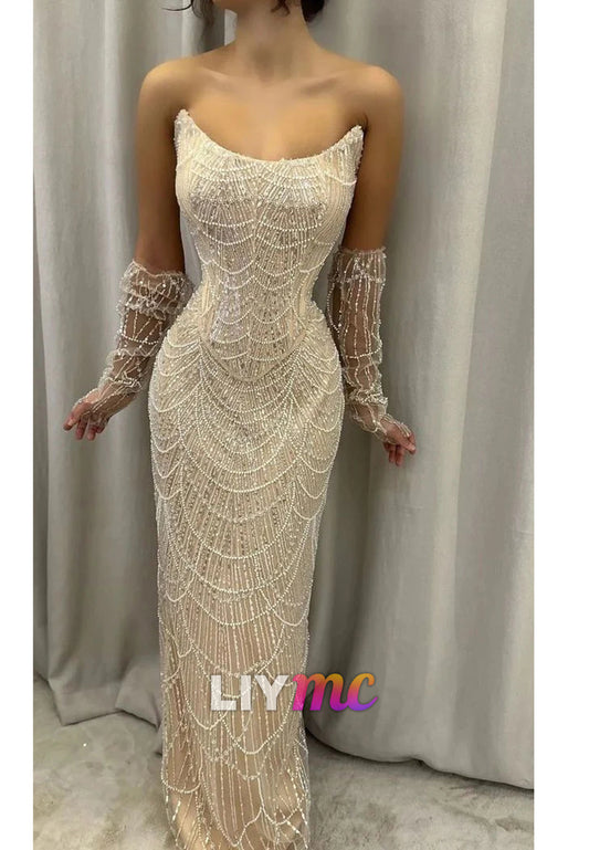 Luxury Beaded Sequin Mermaid Wedding Dress, Strapless Two Pieces Party Dress
