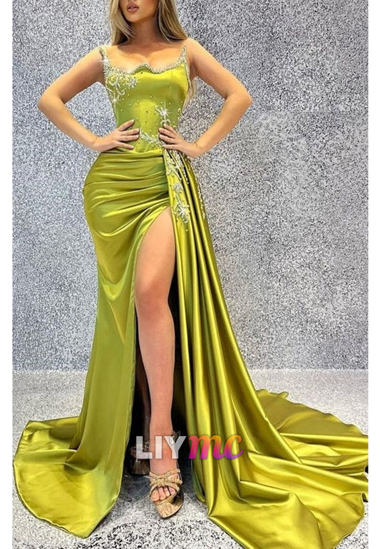 Luxury Mermaid Satin Prom Dresses Beaded Slit Evening Party Dress
