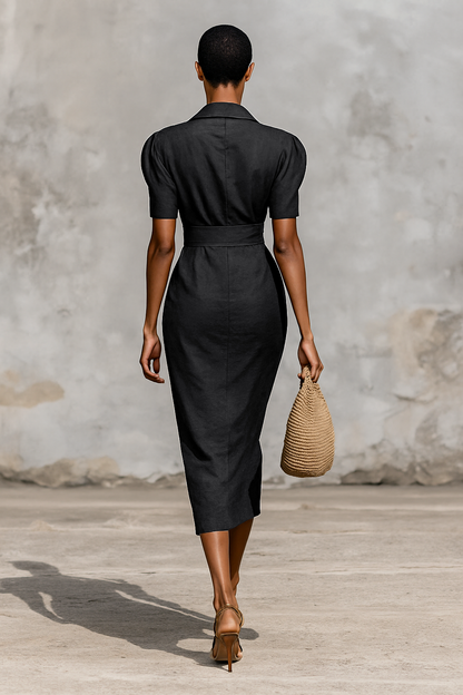 Ladies Solid Color Lapel V-neck Short Sleeve Waist Midi Dress