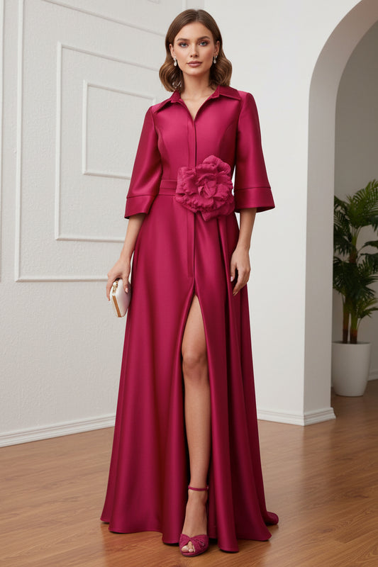 Flower V-Neck Long Sleeves Mother of Bride Dress