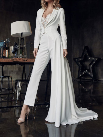 Long Sleeves Sweetheart Wedding Jumpsuit with Lace Appliques