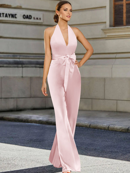 2 Piece V-Neck Sleeveless Floor Length Mother of the Bride Pantsuits with Bow Belt