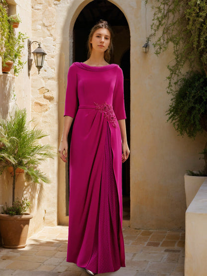 Sheath/Column Cowl Neck 3/4 Sleeves Floor-Length Mother of the Bride Dresses with Tulle & Sash & Slit & Jewel Appliques