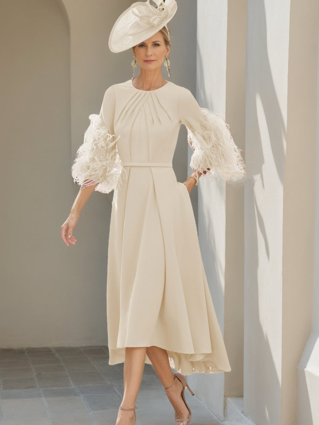 A-Line/Princess Scoop Half Sleeves Tea-Length Mother Of The Bride Dresses With Feathers