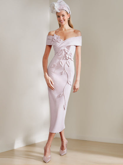Sheath/Column Off-the-shoulder Tea-Length Mother of the Bride Dresses with 3D Flowers