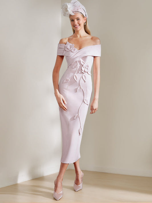 Sheath/Column Off-the-shoulder Tea-Length Mother of the Bride Dresses with 3D Flowers