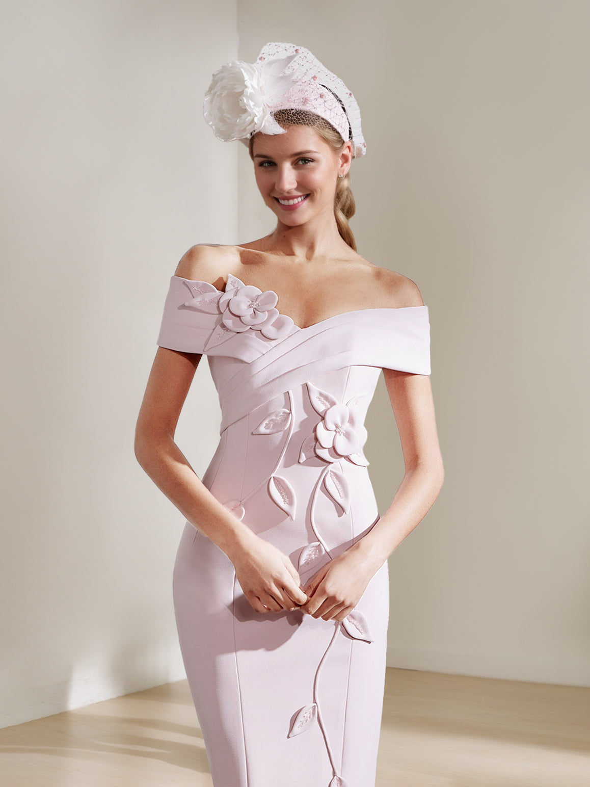 Sheath/Column Off-the-shoulder Tea-Length Mother of the Bride Dresses with 3D Flowers