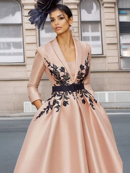 A-Line/Princess Plunge V-Neck 3/4 Sleeves Ankle-Length Pleated Mother of the Bride Dresses with Appliques & Belt
