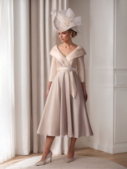 A-Line/Princess Plunge V-Neck 3/4 Sleeves Tea-Length Pleated Mother of the Bride Dresses with Jewel Appliques & Sash