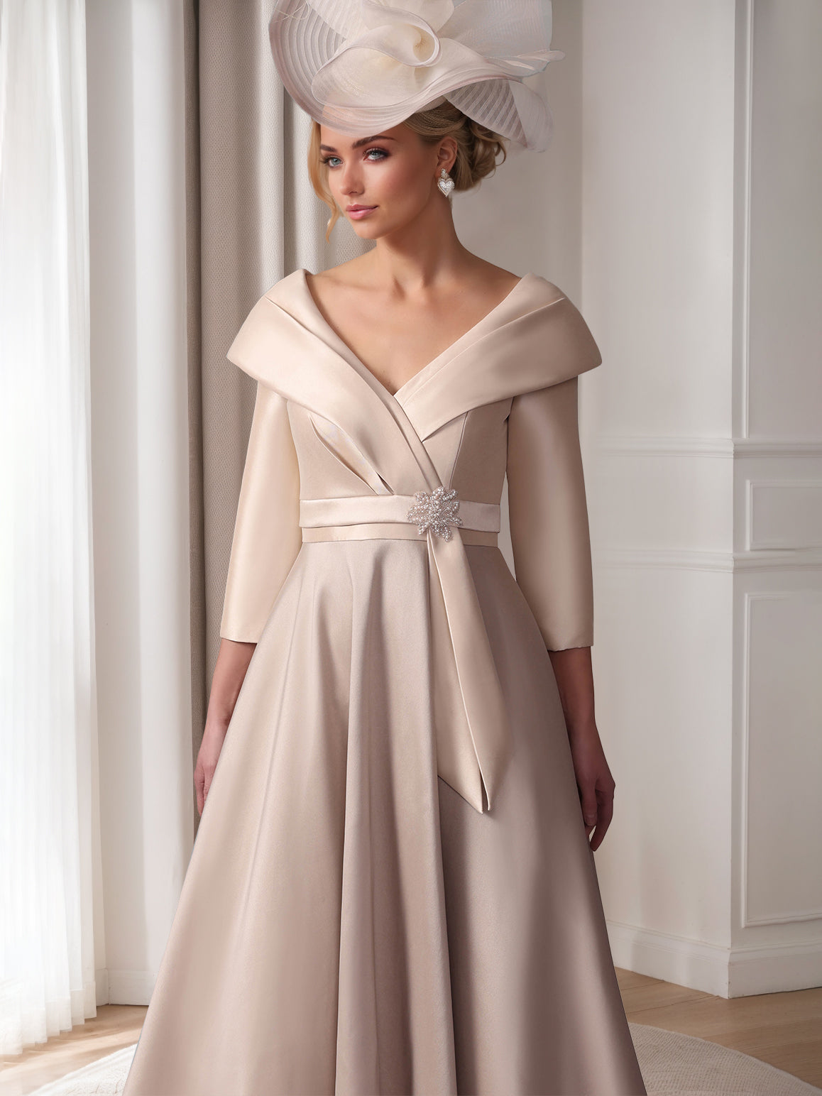 A-Line/Princess Plunge V-Neck 3/4 Sleeves Tea-Length Pleated Mother of the Bride Dresses with Jewel Appliques & Sash