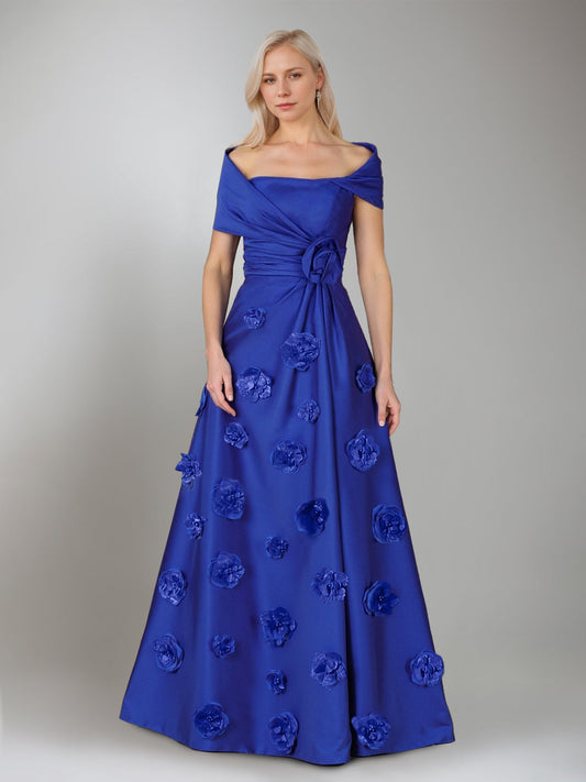 A-Line/Princess Off-the-Shoulder Short Sleeves Pleated Floor-Length Ruched Mother of the Bride Dresses with 3D Flowers