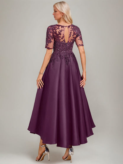 A-Line/Princess Scoop Short Sleeves Asymmetrical Pleated Mother of the Bride Dresses with Lace Appliques & Sequins