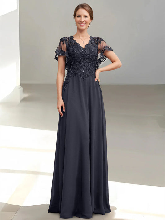 A-Line/Princess V-Neck Short Sleeves Floor-Length Mother of the Bride Dresses with Appliques & Sequins