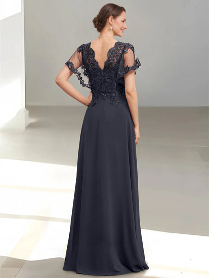A-Line/Princess V-Neck Short Sleeves Floor-Length Mother of the Bride Dresses with Appliques & Sequins