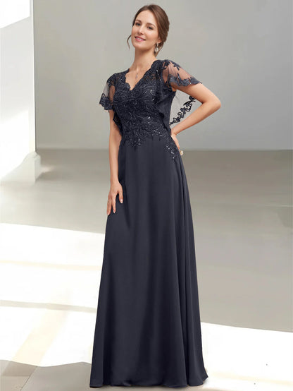 A-Line/Princess V-Neck Short Sleeves Floor-Length Mother of the Bride Dresses with Appliques & Sequins