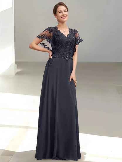 A-Line/Princess V-Neck Short Sleeves Floor-Length Mother of the Bride Dresses with Appliques & Sequins