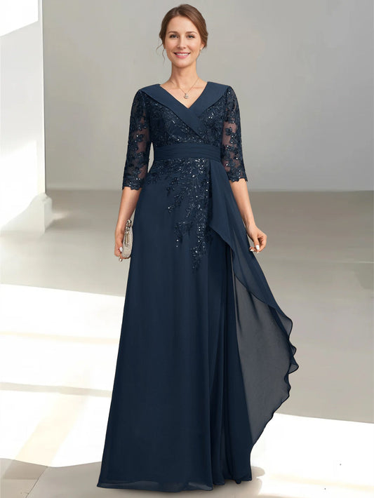 A-Line/Princess V-Neck Half Sleeves Floor-Length Mother of the Bride Dresses with Appliques & Sequins & Ruffles