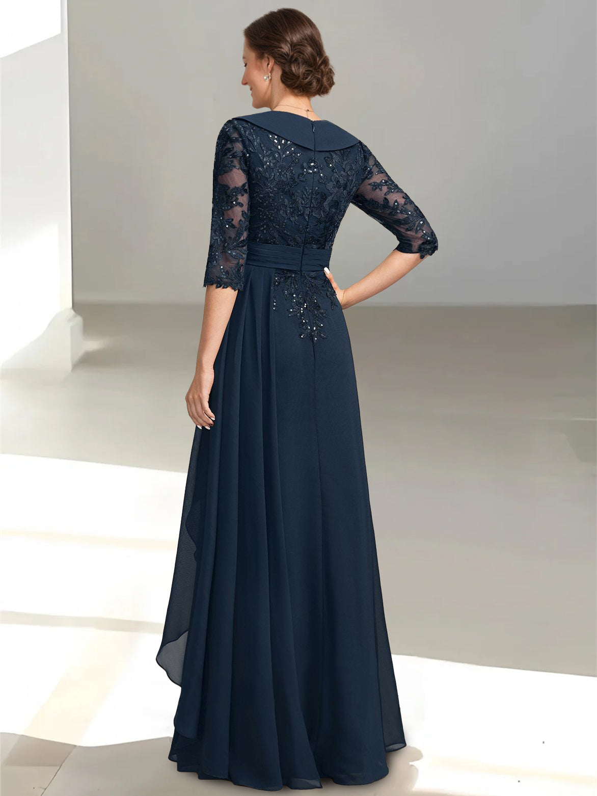 A-Line/Princess V-Neck Half Sleeves Floor-Length Mother of the Bride Dresses with Appliques & Sequins & Ruffles