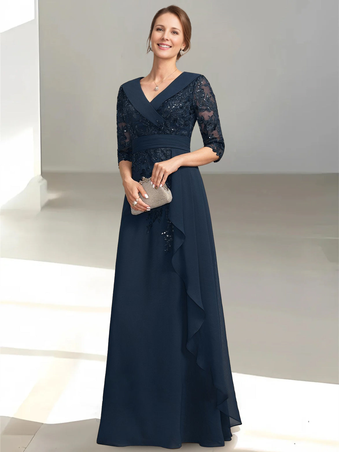 A-Line/Princess V-Neck Half Sleeves Floor-Length Mother of the Bride Dresses with Appliques & Sequins & Ruffles