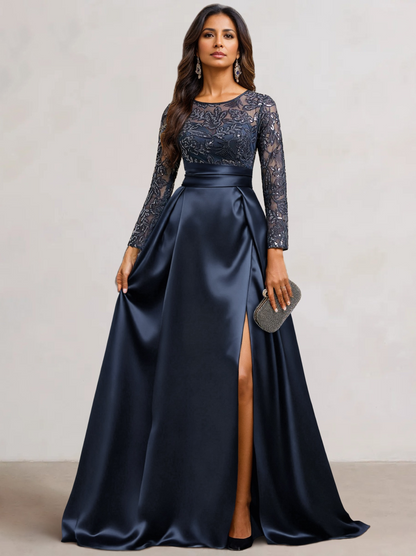 A-Line  Scoop Satin Sequin Mother of the Bride Dresses Long Sleeves Floor-Length Wedding Guest with Split Side