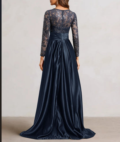 A-Line  Scoop Satin Sequin Mother of the Bride Dresses Long Sleeves Floor-Length Wedding Guest with Split Side