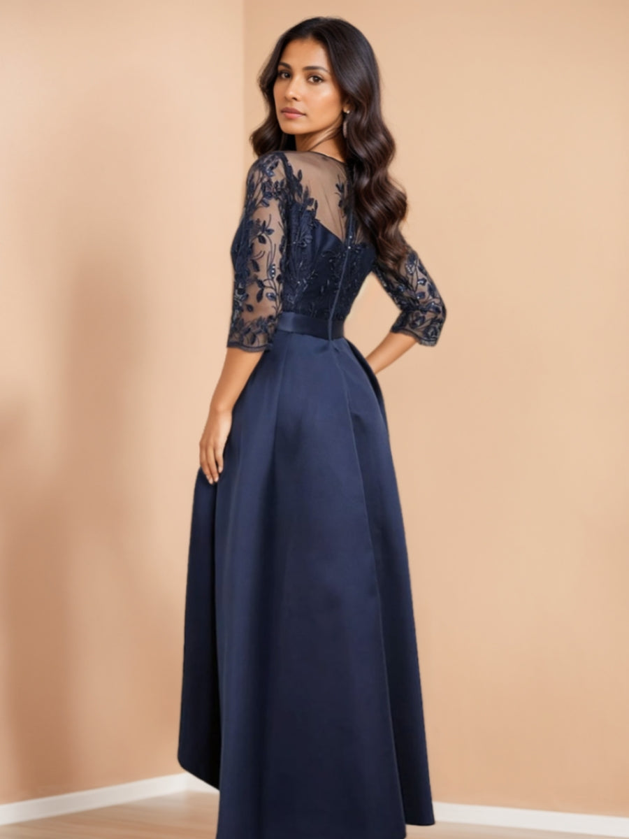 A-Line/Princess Half Sleeves Mother of the Bride Dresses with Lace Asymmetrical Satin