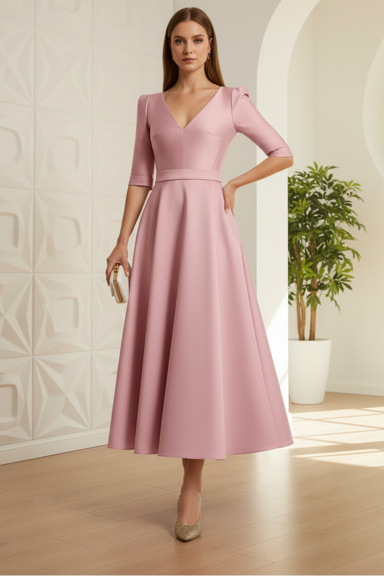 A-Line/Princess V-Neck Satin Mother of the Bride Dresses Half Sleeves Ankle-Length Formal Dresses
