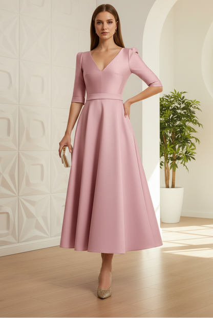 A-Line/Princess V-Neck Satin Mother of the Bride Dresses Half Sleeves Ankle-Length Formal Dresses